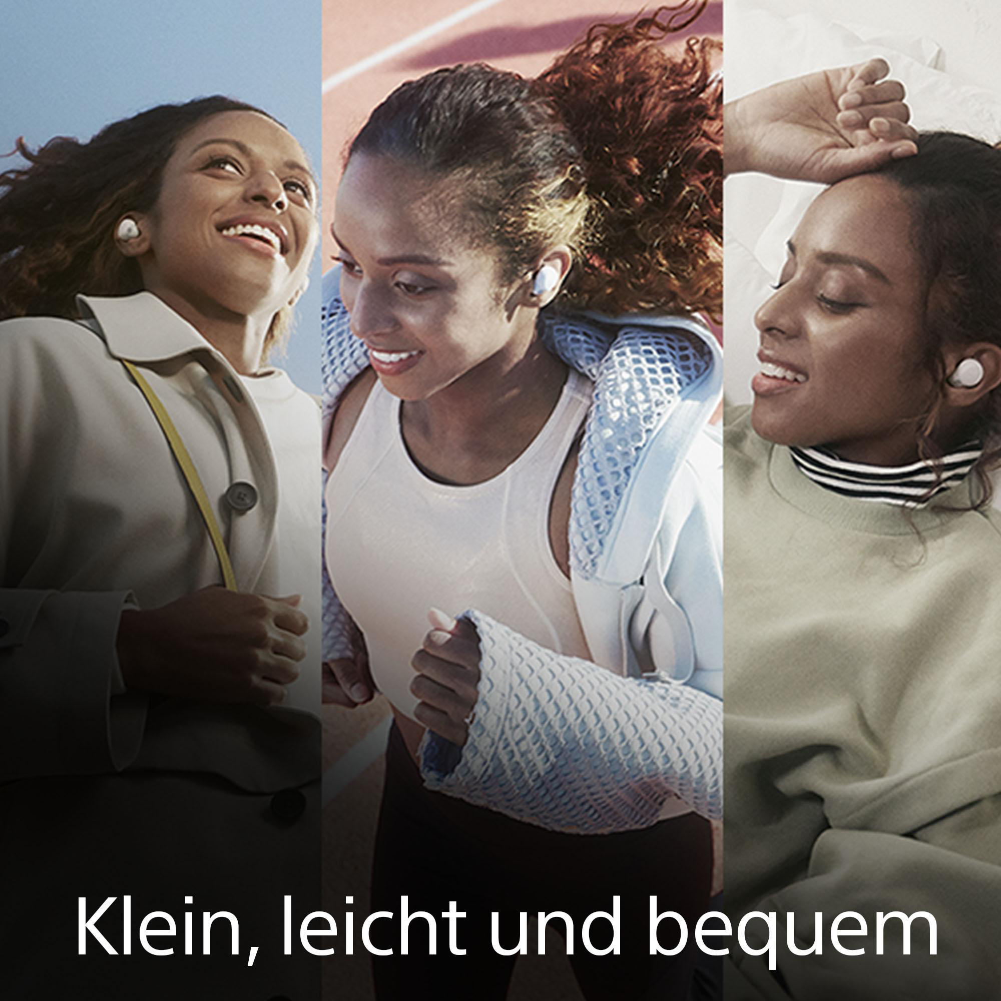 Drei Frauen mit Ohrhörern in verschiedenen Umgebungen: Gehen, Laufen und Entspannen.