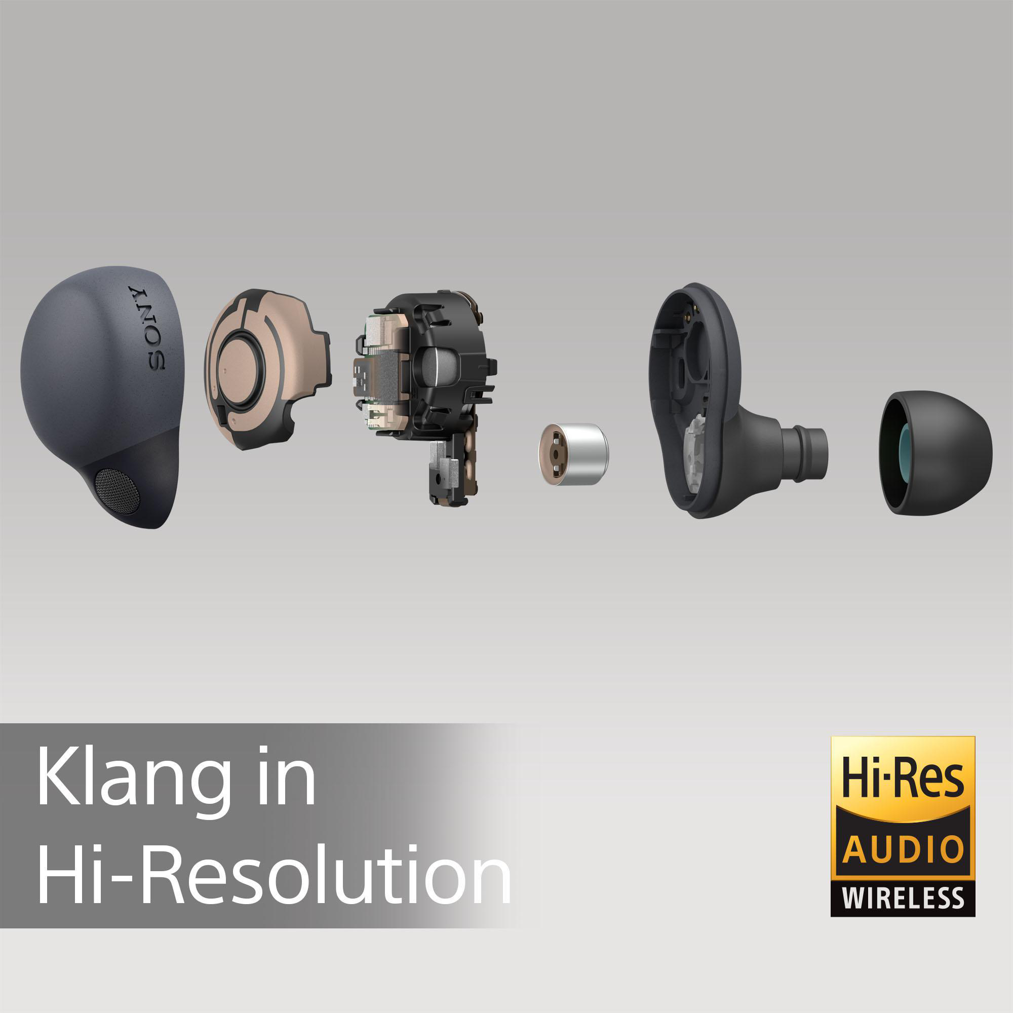 Zerlegte kabellose Ohrhörer. Zeigt die internen Komponenten mit Text und das Hi-Res Audio-Logo.