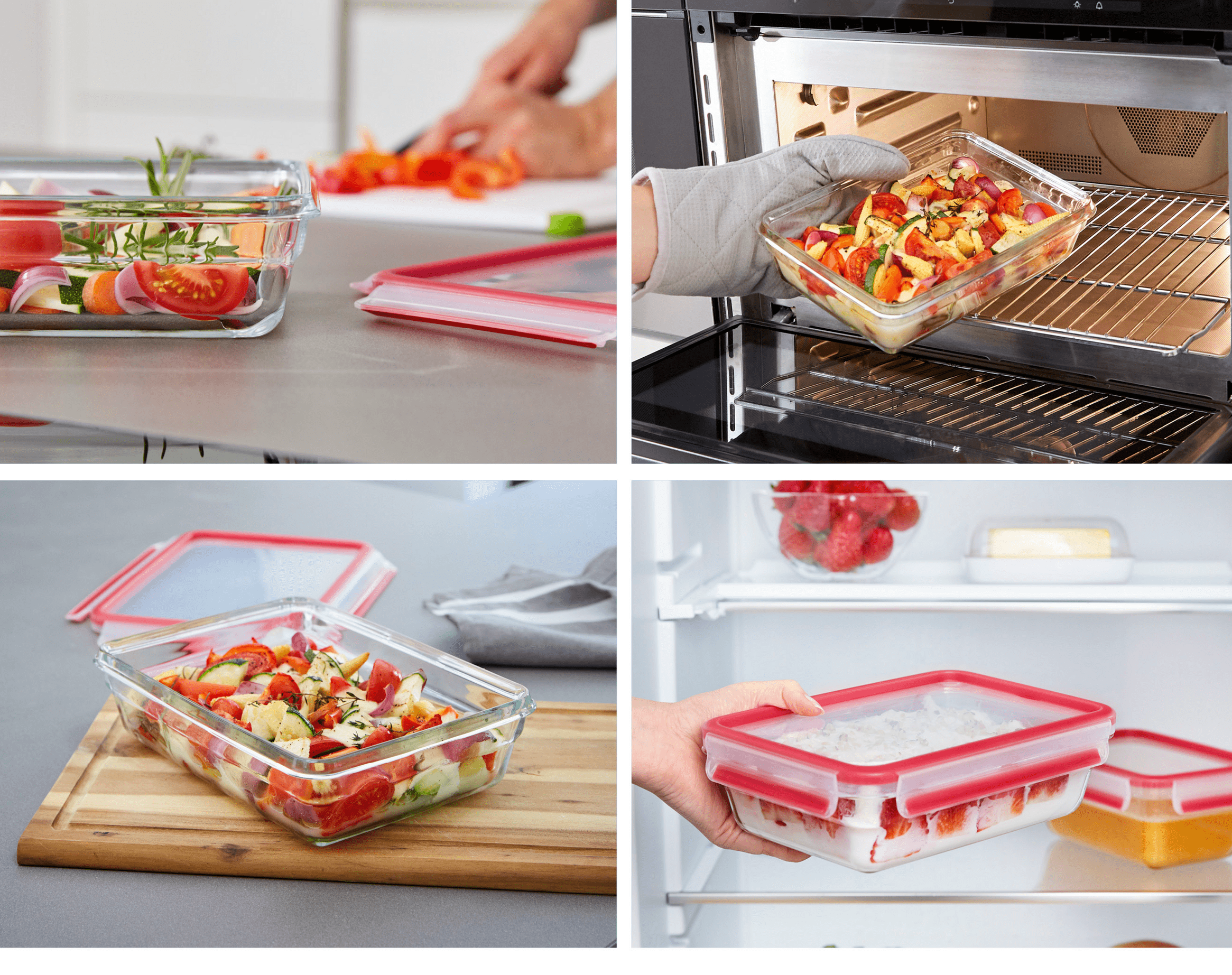 Un collage de recipientes de vidrio para alimentos con tapas rojas. Se muestran con alimentos preparados y en uso.