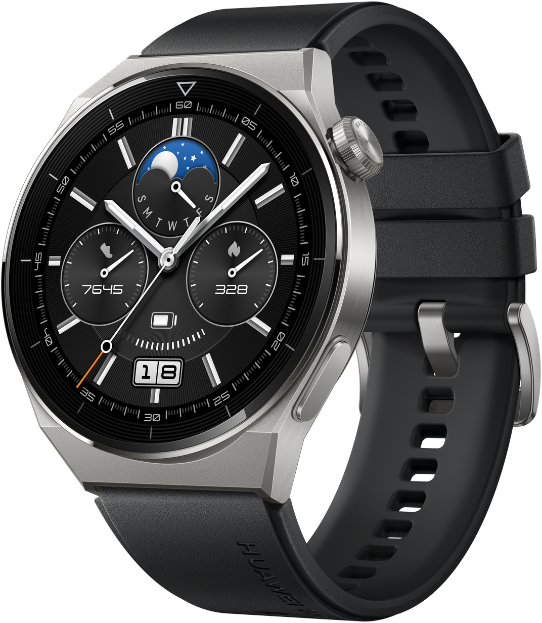 Une montre connectée argentée avec un bracelet noir, affichant un cadran avec plusieurs cadrans et la date.
