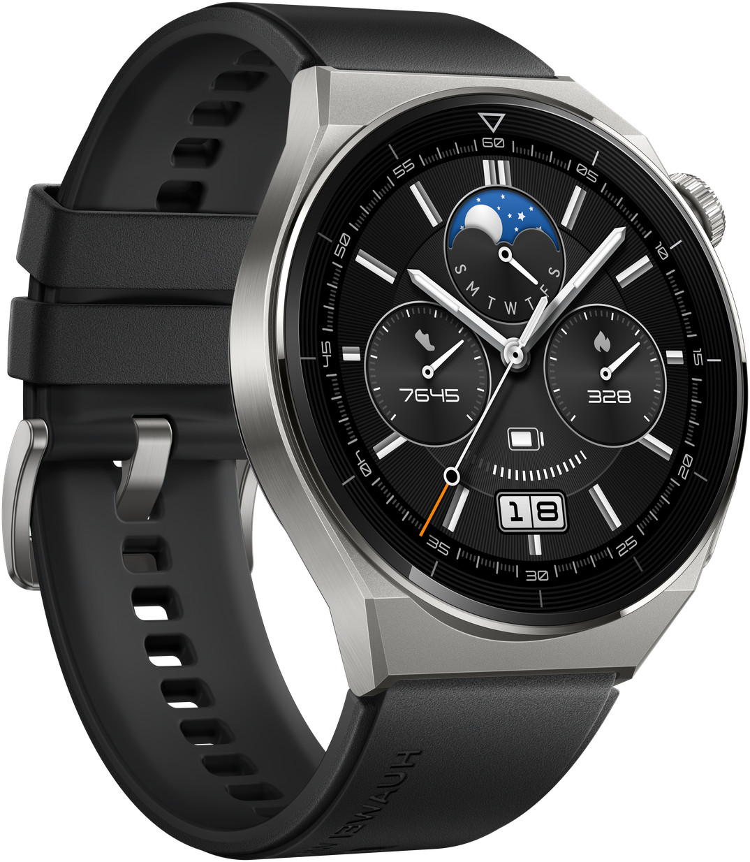 Une smartwatch argentée et noire avec un cadran rond, un bracelet noir et des détails de cadran complexes.