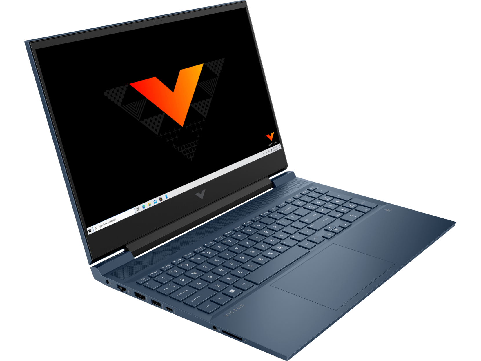Portátil con carcasa azul oscuro. La pantalla muestra un logotipo naranja sobre un fondo negro. El teclado es visible.