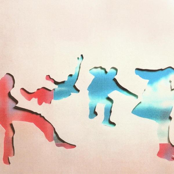 Image avec des formes découpées de personnes en bleu et rouge, suggérant le mouvement et l'interaction.