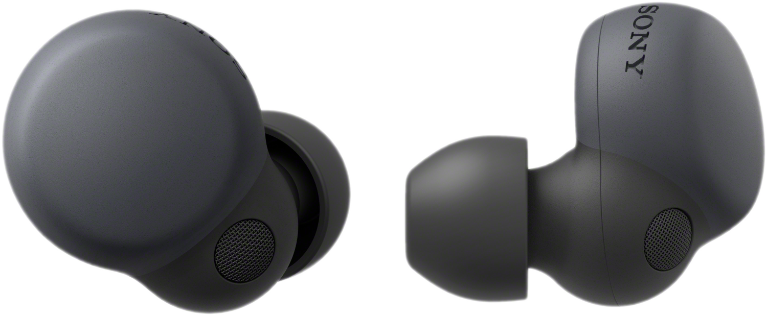 Deux écouteurs Sony gris foncé. L'un montre le côté et l'autre la partie interne de l'écouteur.