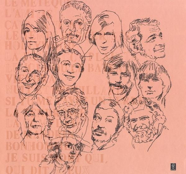 Un croquis au crayon de nombreux visages dans un cercle sur fond rose, avec du texte français en arrière-plan.