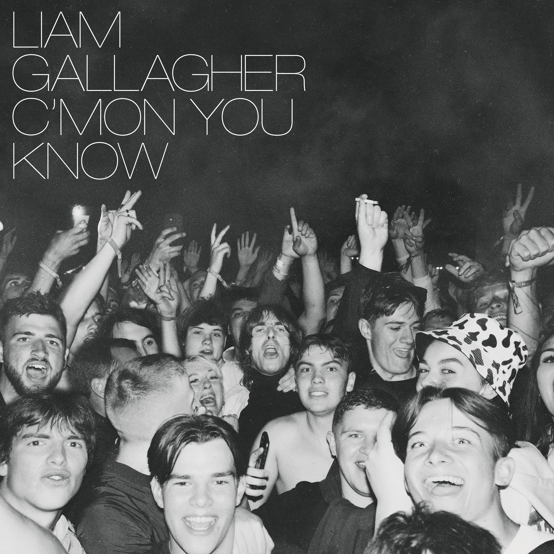 Foule à un concert. Pochette de l'album de Liam Gallagher. Les gens applaudissent et lèvent les mains.