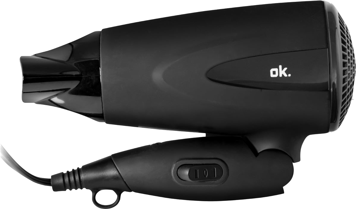 Black hair dryer with a handle and a nozzle with the text ok.