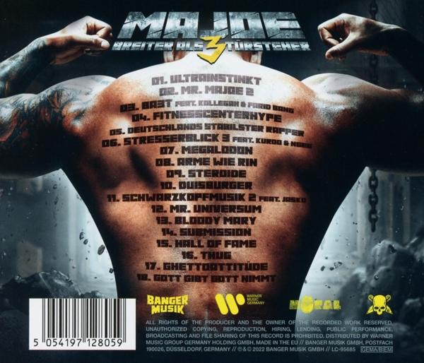 Albumcover: muskulöser Mann mit Tätowierungen, Albumtitel und Titelliste.