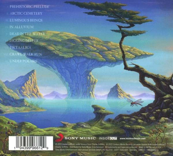 Albumcover mit Fantasy-Landschaft, Wasser, Bäumen und Libelle, mit Text.