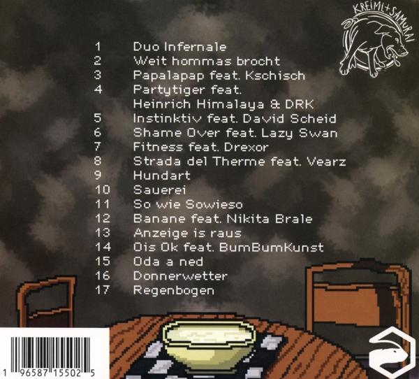 Die Rückseite einer CD mit einer Liste von Songs und einer Cartoonzeichnung eines Gerichts mit Essen auf einem Tisch.