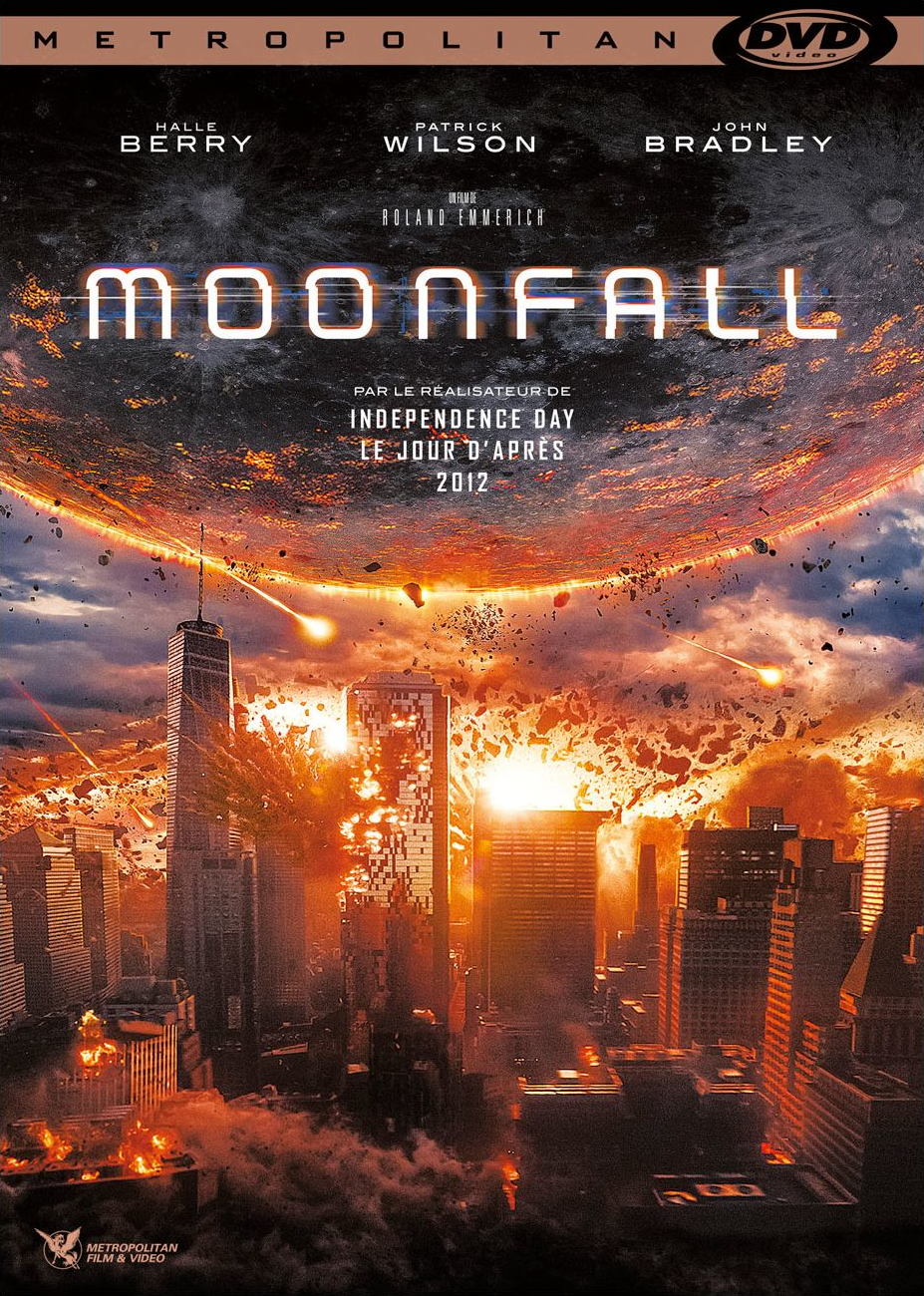 Affiche du film Moonfall avec une ville en ruines, une lune de feu et les noms des acteurs.