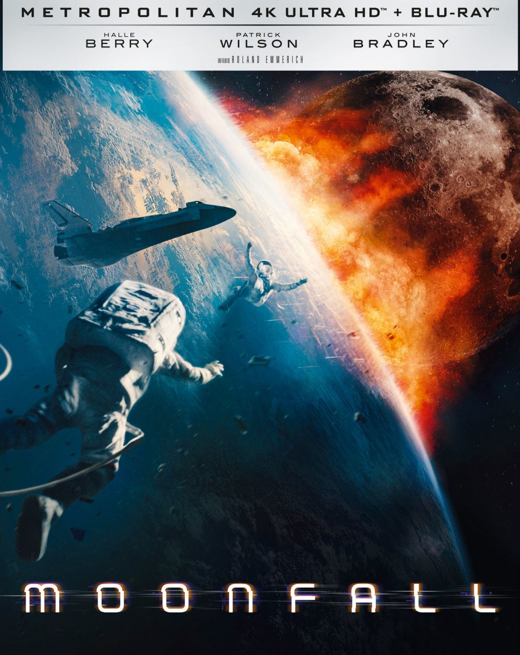 Affiche de film avec des astronautes, une navette spatiale et la Terre. Le titre est "Moonfall".