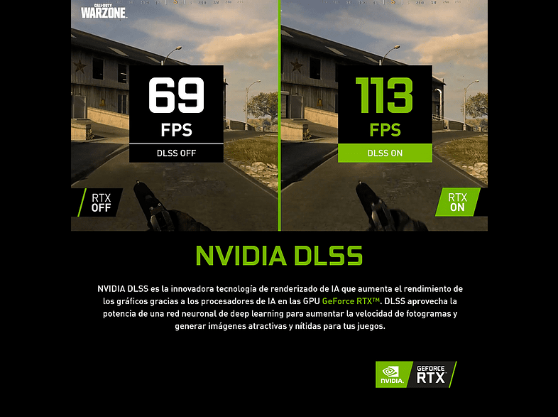 Comparación de Nvidia DLSS. Muestra 69 FPS con DLSS desactivado, 113 FPS con DLSS activado.