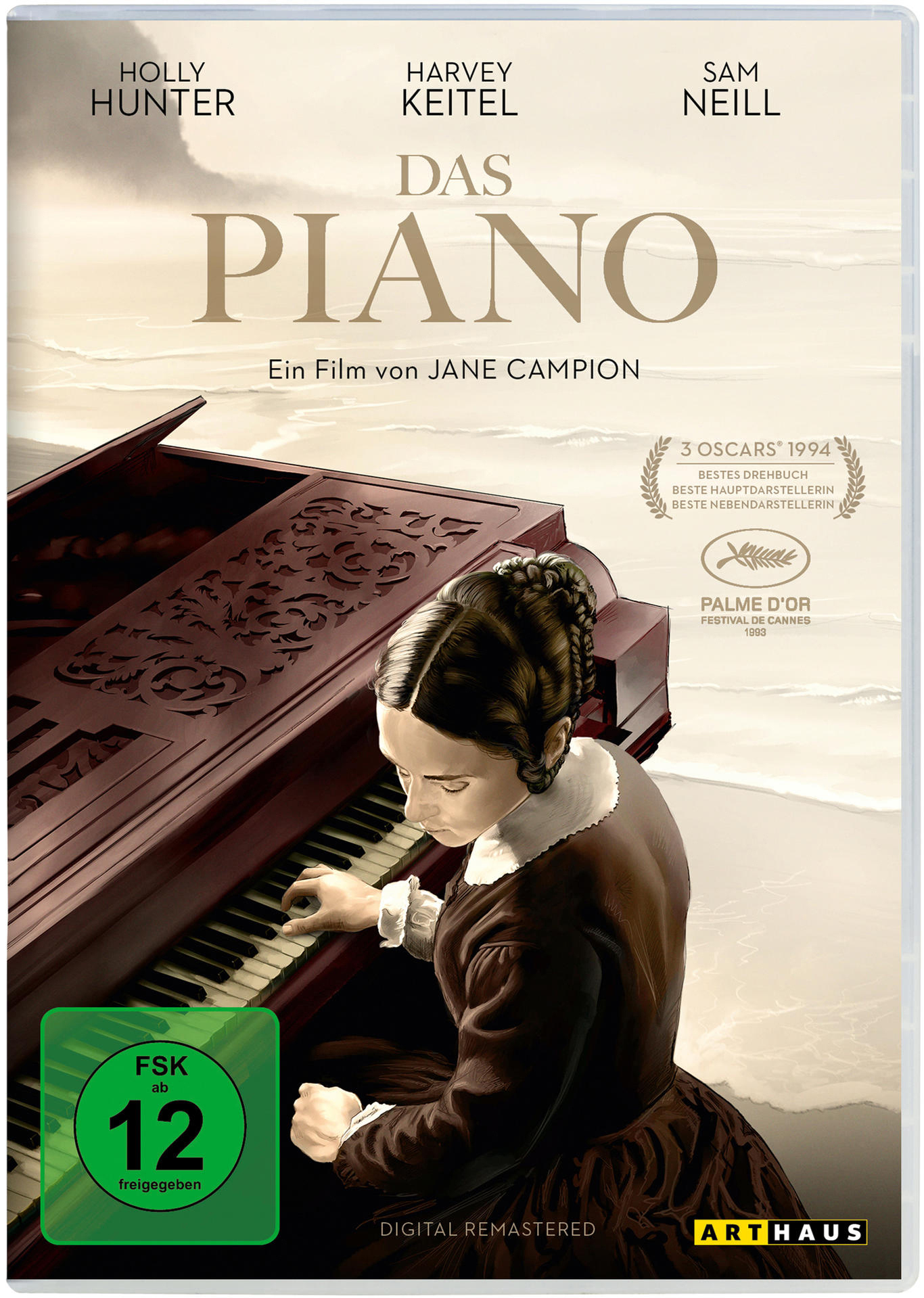 DVD-Cover des Films 'Das Piano'. Eine Frau spielt Klavier, im Hintergrund eine Strandszene.