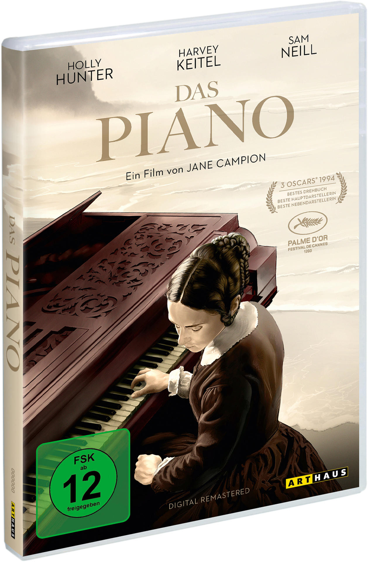 DVD-Hülle für 'Das Piano'. Enthält Filmtitel und Schauspieler. Eine Frau spielt Klavier auf dem Cover.