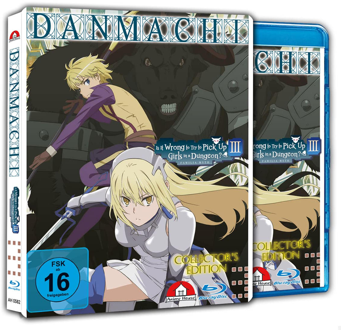 DVD-Box-Set für 'Danmachi'-Anime, mit Charakteren und Titeltext.