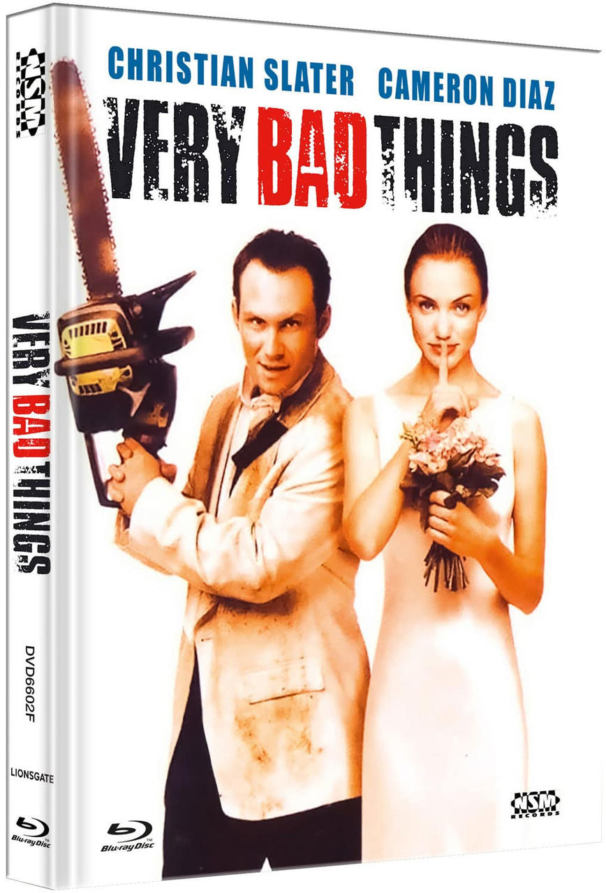 DVD-Cover für 'Very Bad Things', mit einem Paar, einer Kettensäge und einem Blumenstrauß.
