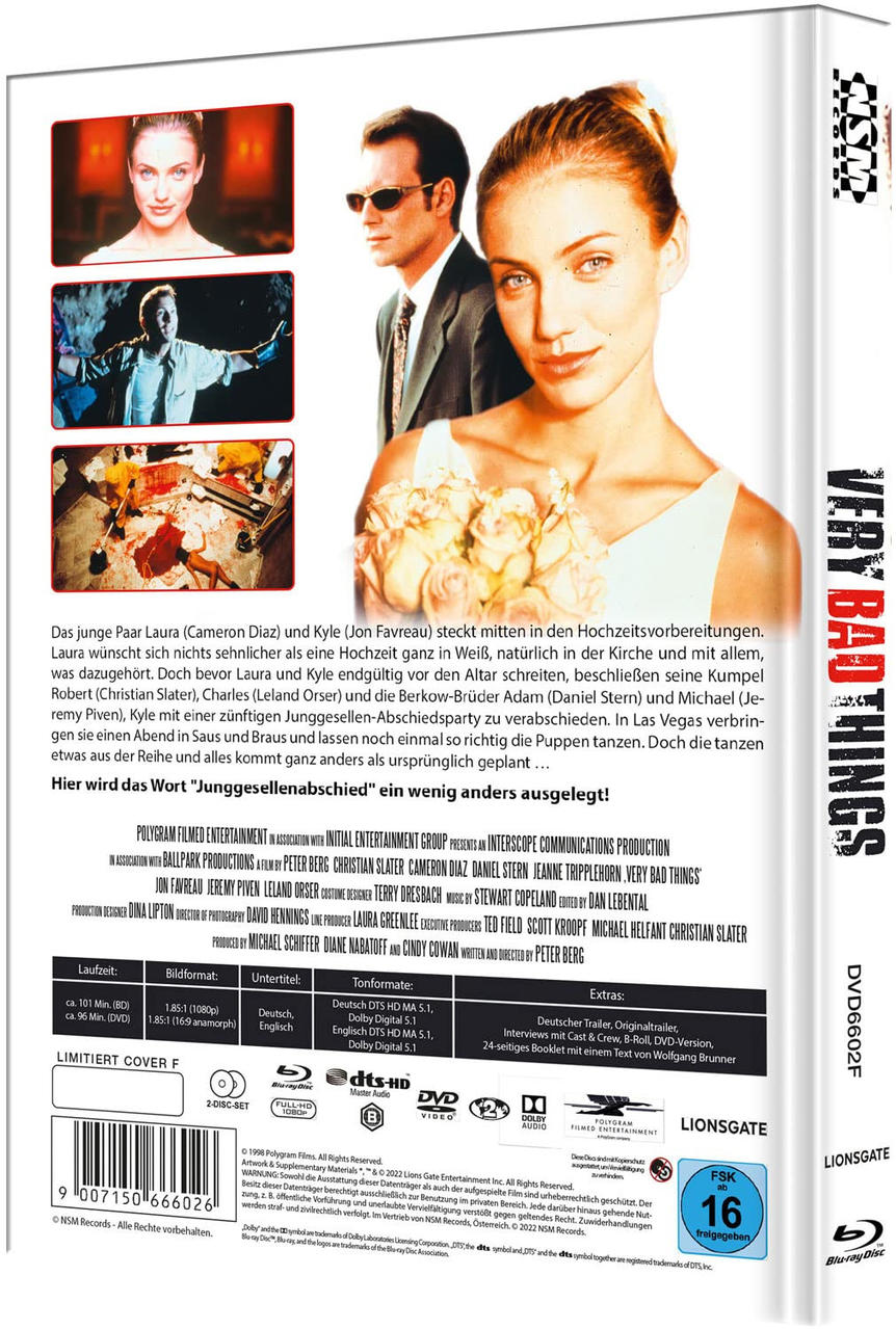 Die Rückseite einer DVD-Hülle für den Film 'Very Bad Things', mit Bildern und Text.