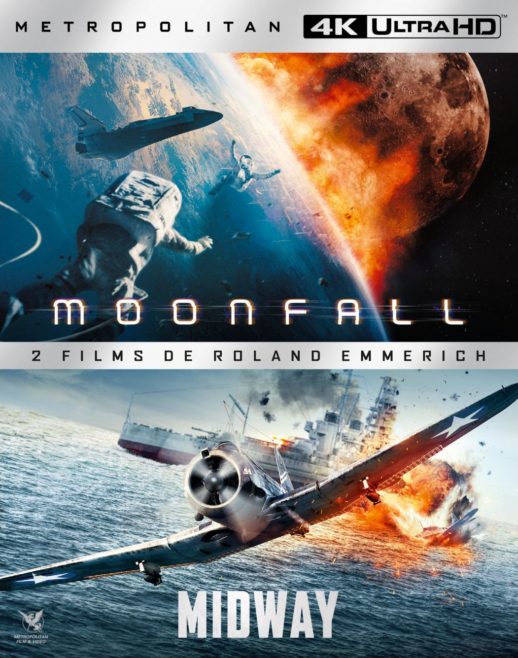 Filmoverzicht: 'Moonfall' en 'Midway'. Een ruimteschip en een vliegtuig worden getoond. De achtergrond is ruimte.