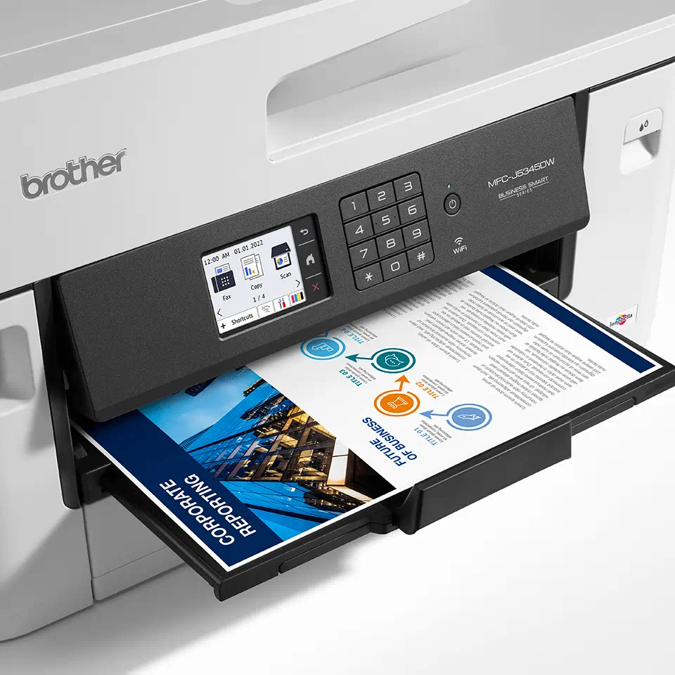 Ein Brother MFC-J345DW Drucker, der ein Dokument mit Geschäftsgrafiken druckt.