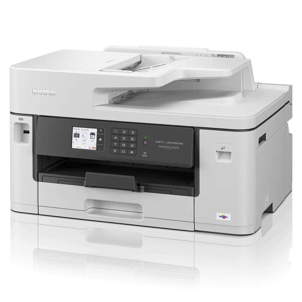 Ein weißer Brother Multifunktionsdrucker mit Bildschirm und Knöpfen auf reflektierender Oberfläche.