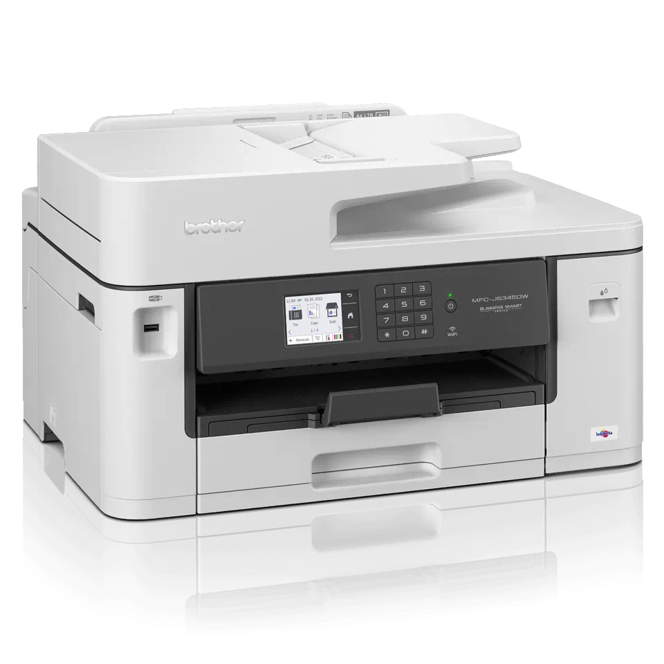 Ein weißer Brother-Multifunktionsdrucker mit Bildschirm, Knöpfen und Papierfach.
