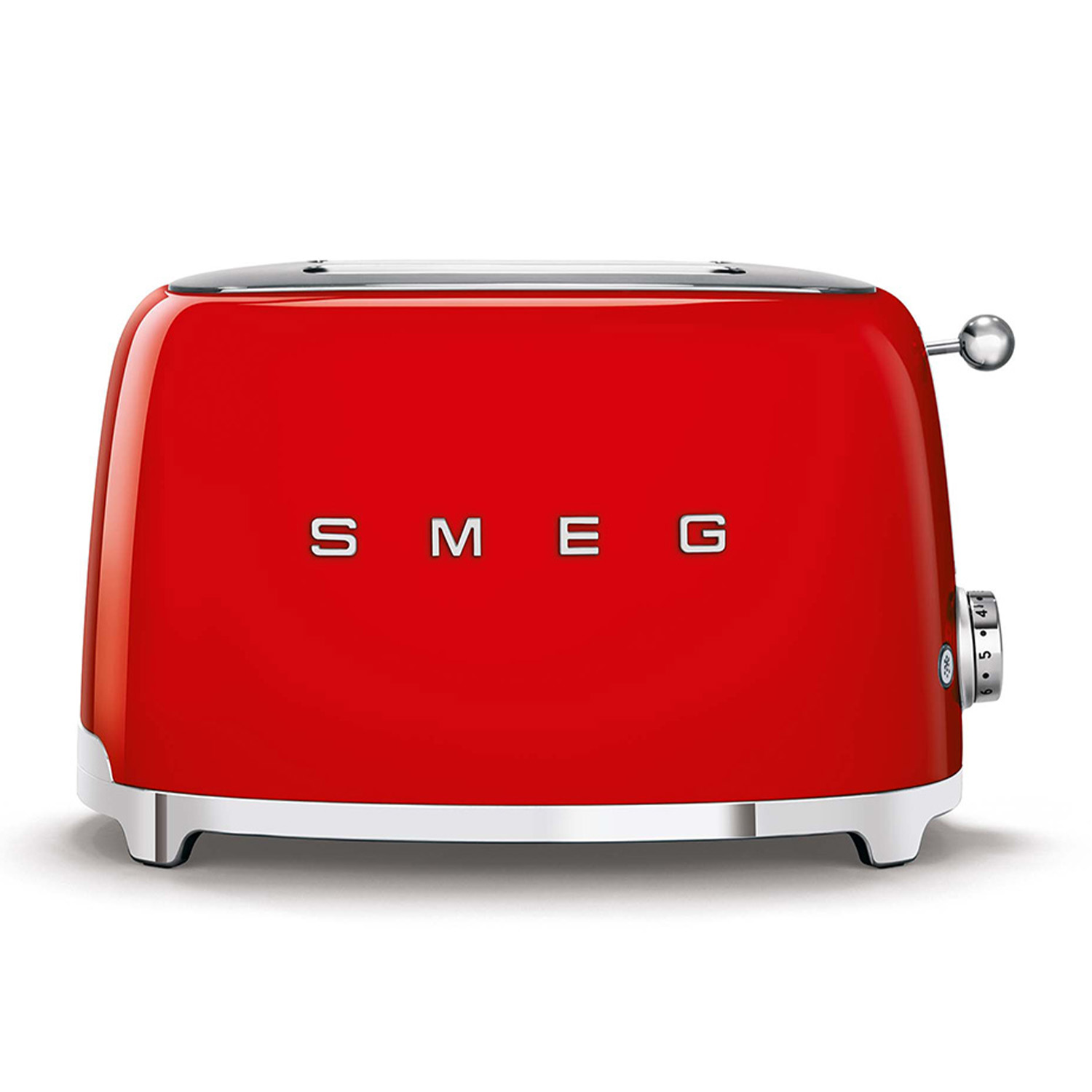 Tostapane Smeg rosso con dettagli argentati, su sfondo bianco. La parola 'SMEG' è visibile.