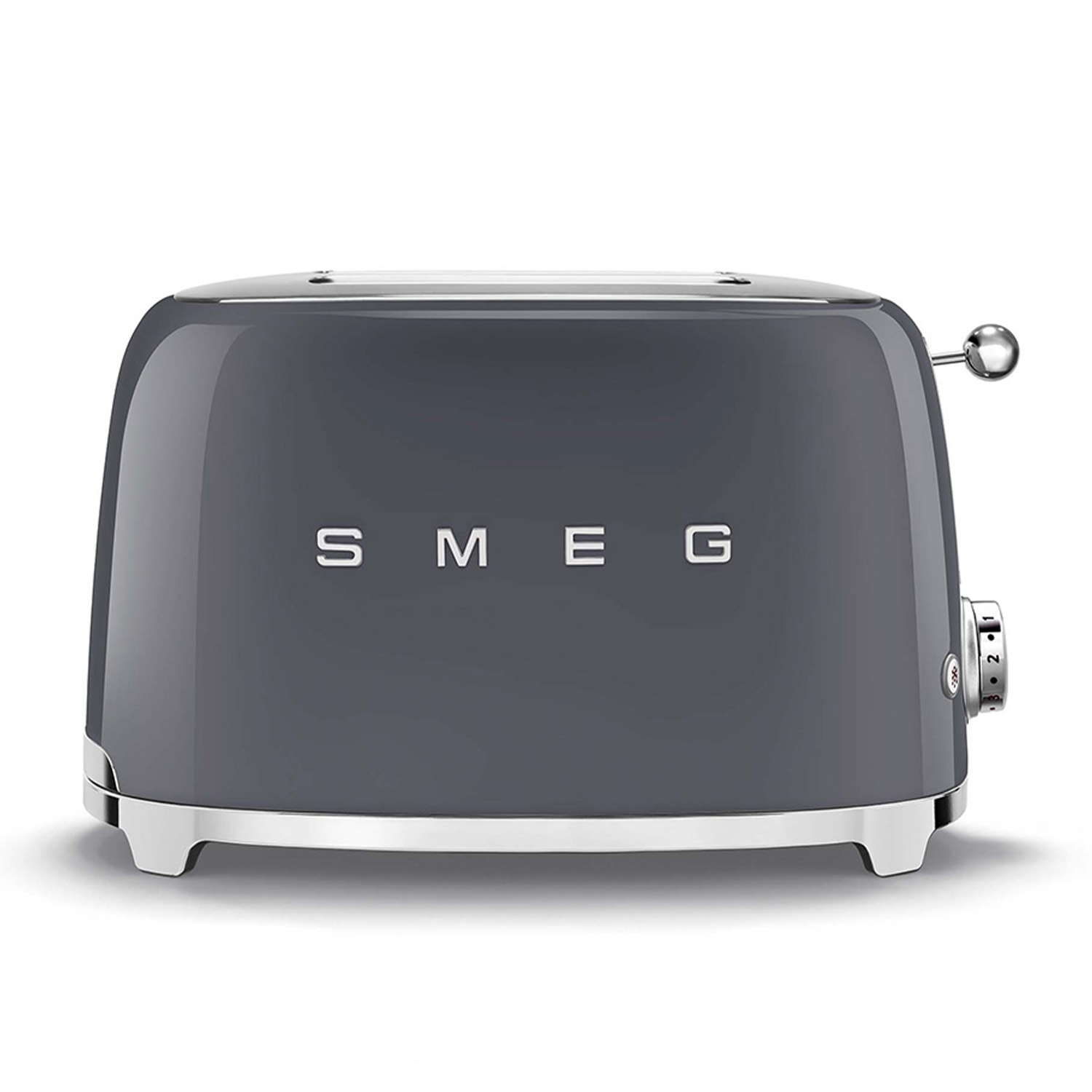 Tostapane SMEG grigio, vista frontale. Dettagli argentati. Il nome SMEG è visibile.