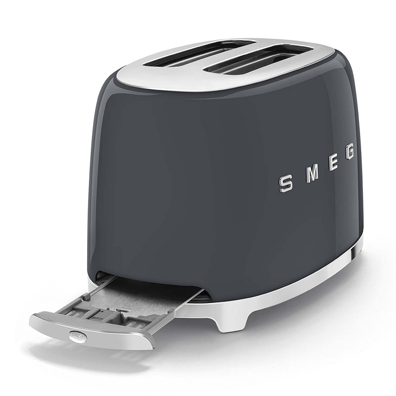 Tostapane SMEG grigio con vassoio raccogli-briciole aperto su sfondo bianco.