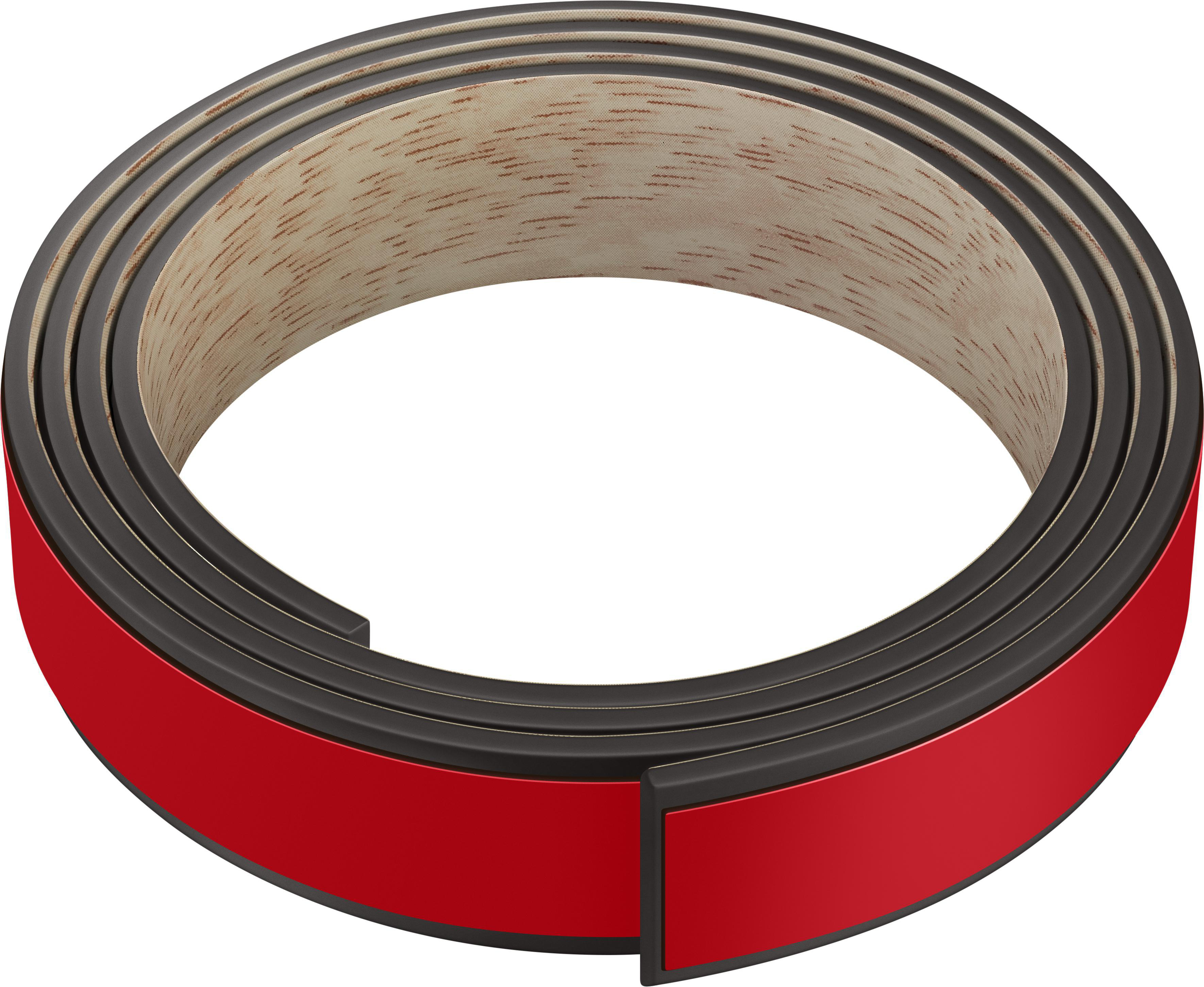 Eine Rolle aus schwarzem und braunem Material mit rotem Klebestreifen an der Seite.