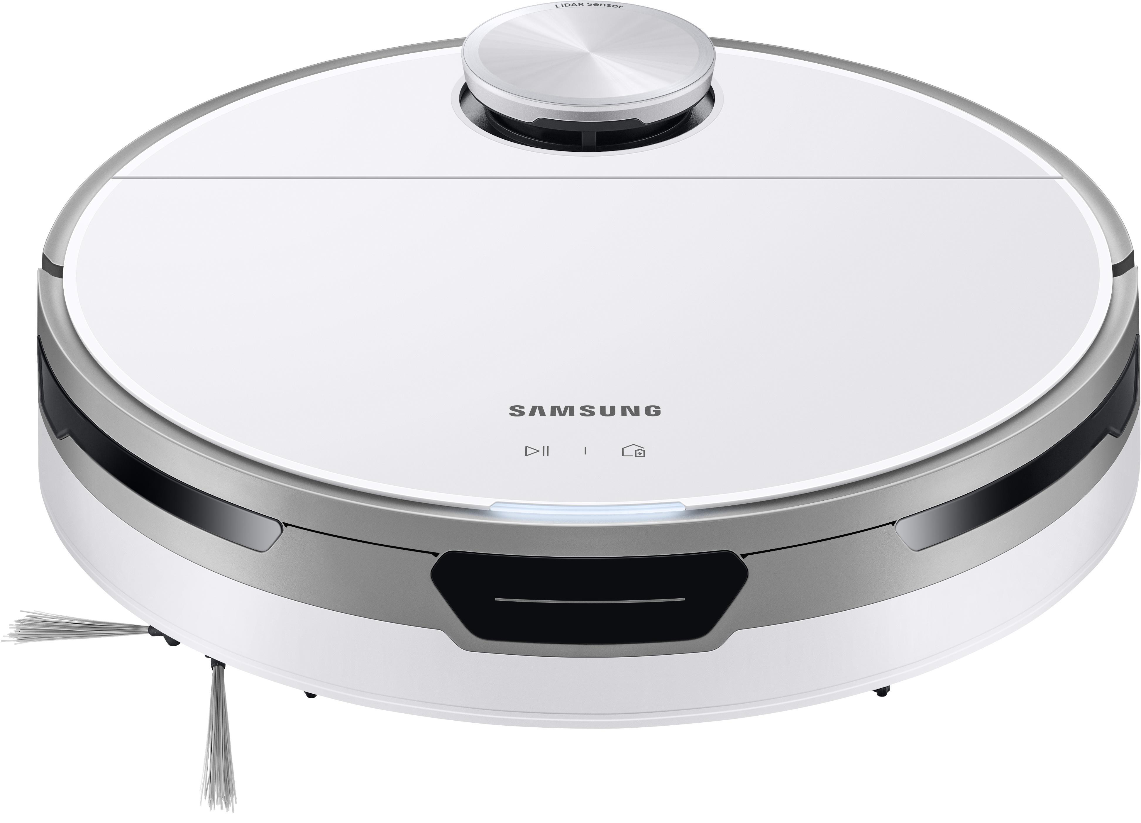 Ein weißer und silberner Samsung Roboter-Staubsauger, von oben gesehen, mit Bürsten.