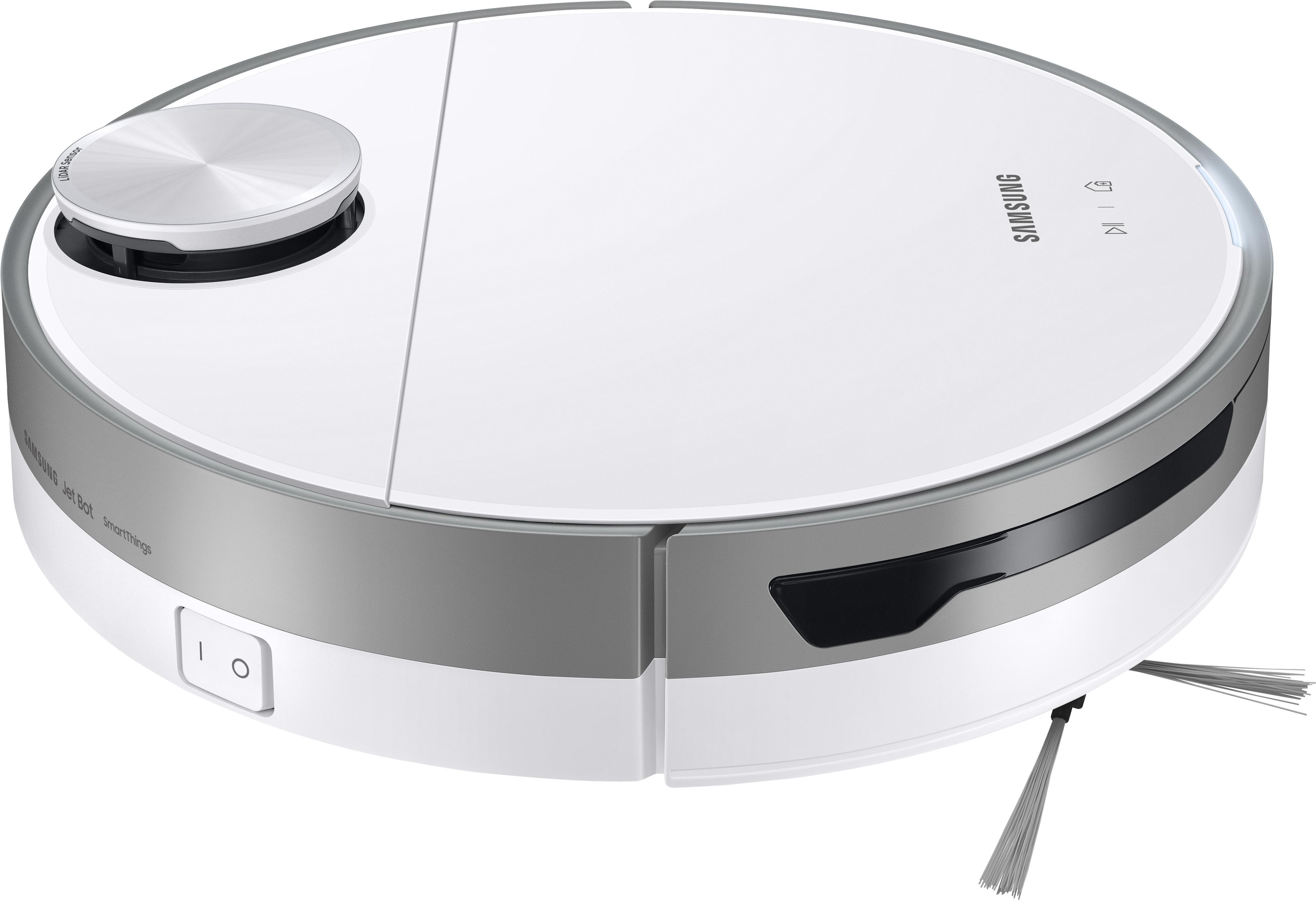 Weißer Samsung Jet Bot Roboter-Staubsauger, schräge Ansicht, weißer Hintergrund.