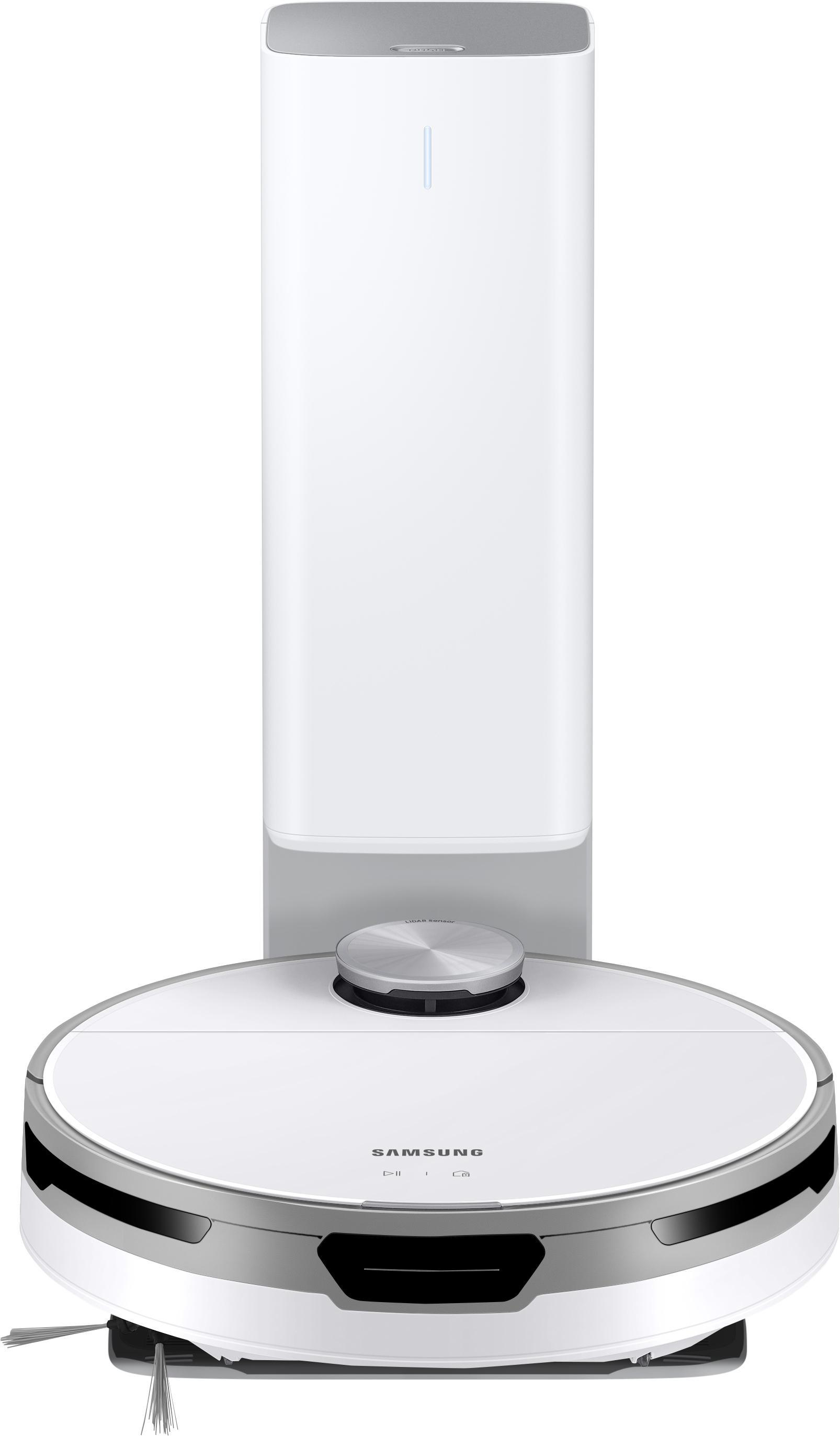 Ein weißer Roboter-Staubsauger mit einer Ladestation.