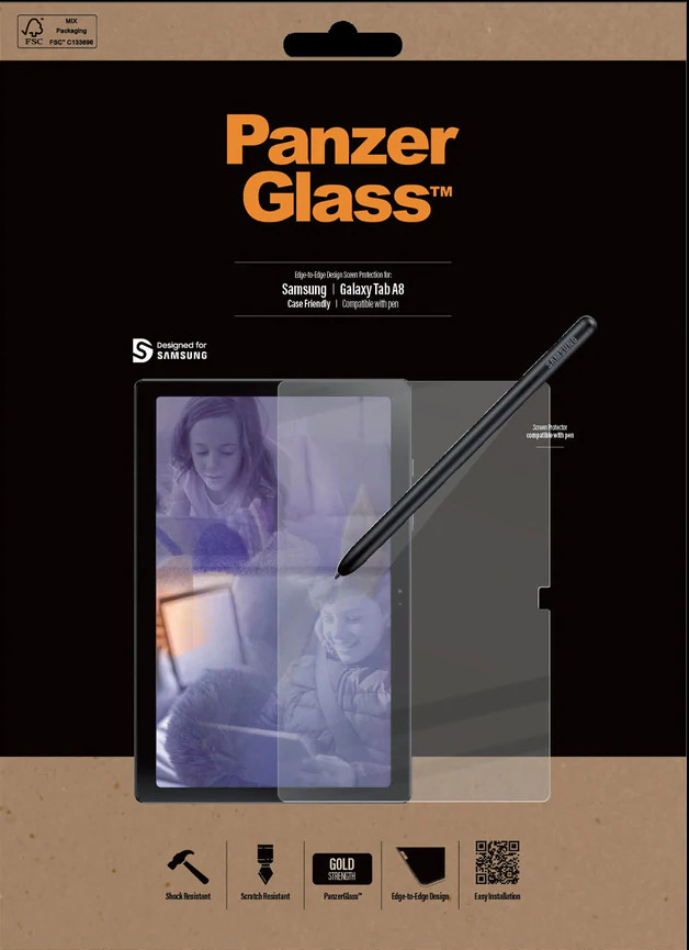 Packaging of a screen protector, with a pen and a tablet inside. Text is visible.