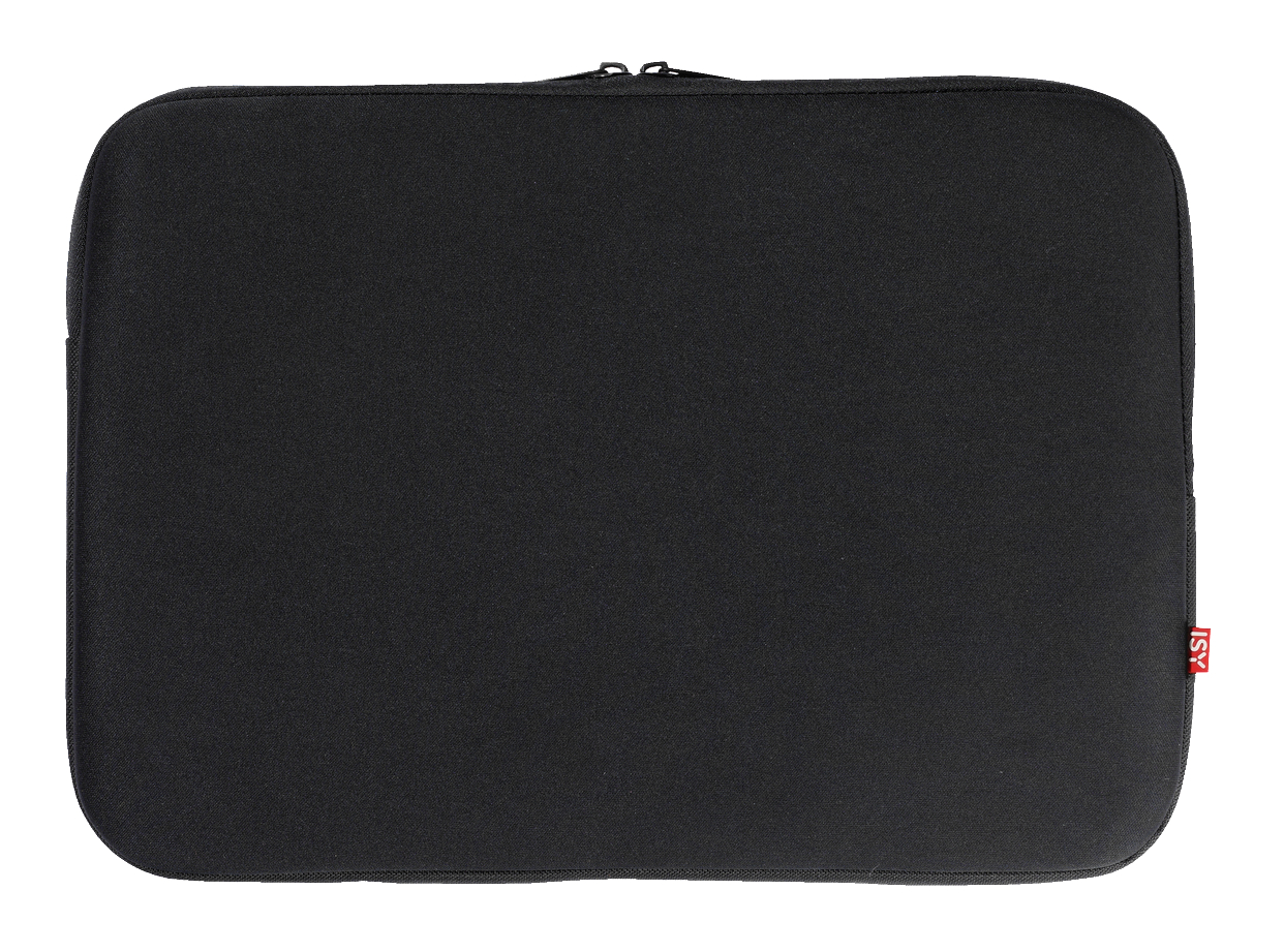 Eine schwarze Laptoptasche mit Reißverschluss. Das ISY-Logo ist rot in der rechten unteren Ecke.