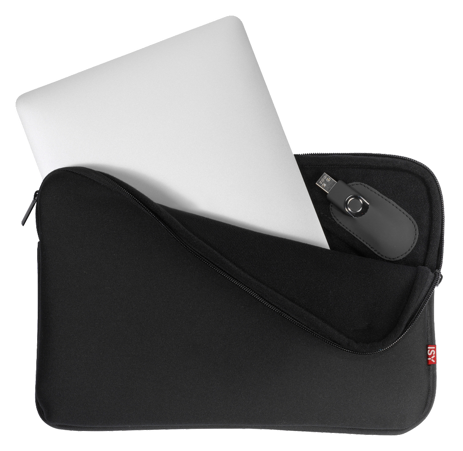 Schwarze Laptoptasche mit Laptop und USB-Stick darin.