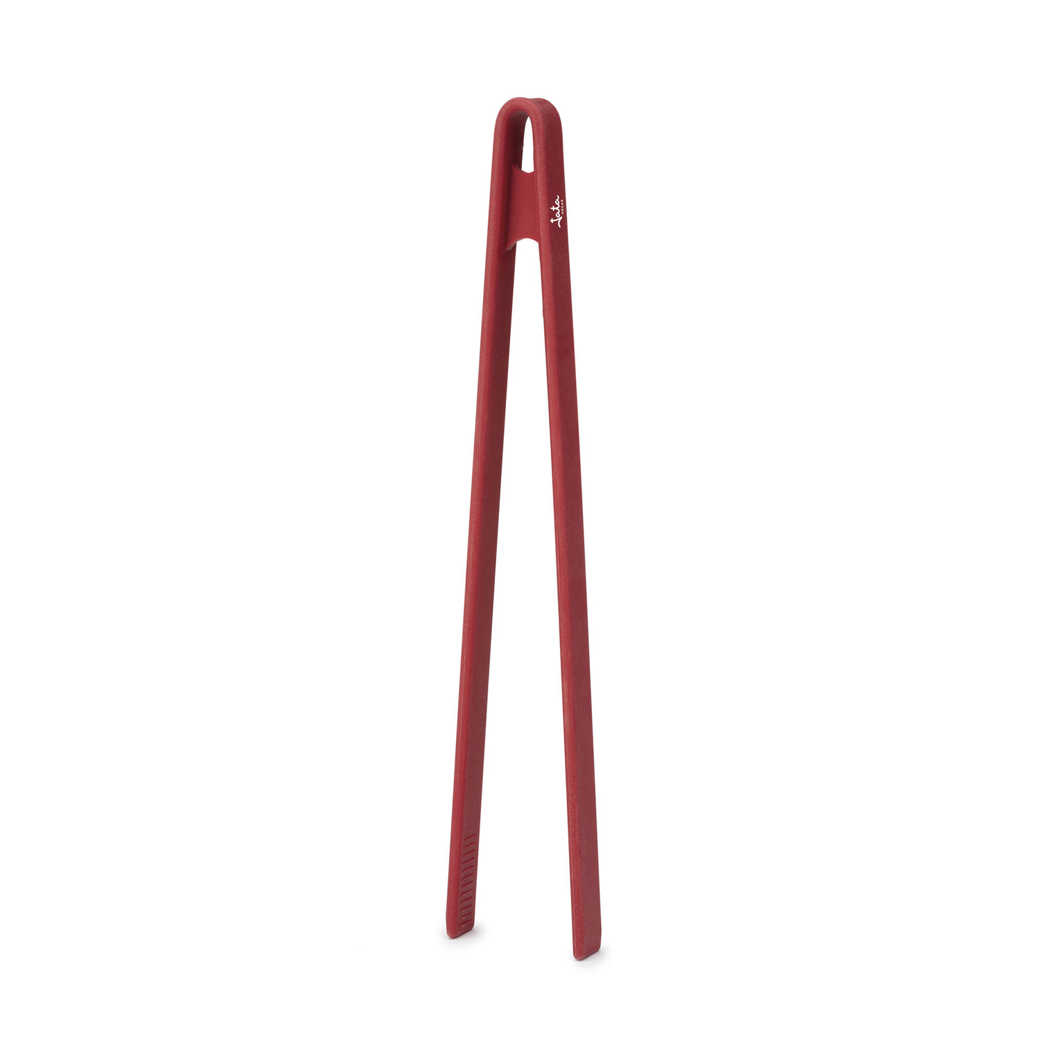 Pinzas de cocina rojas. Las pinzas son rectas y tienen un pequeño logotipo en el lateral.