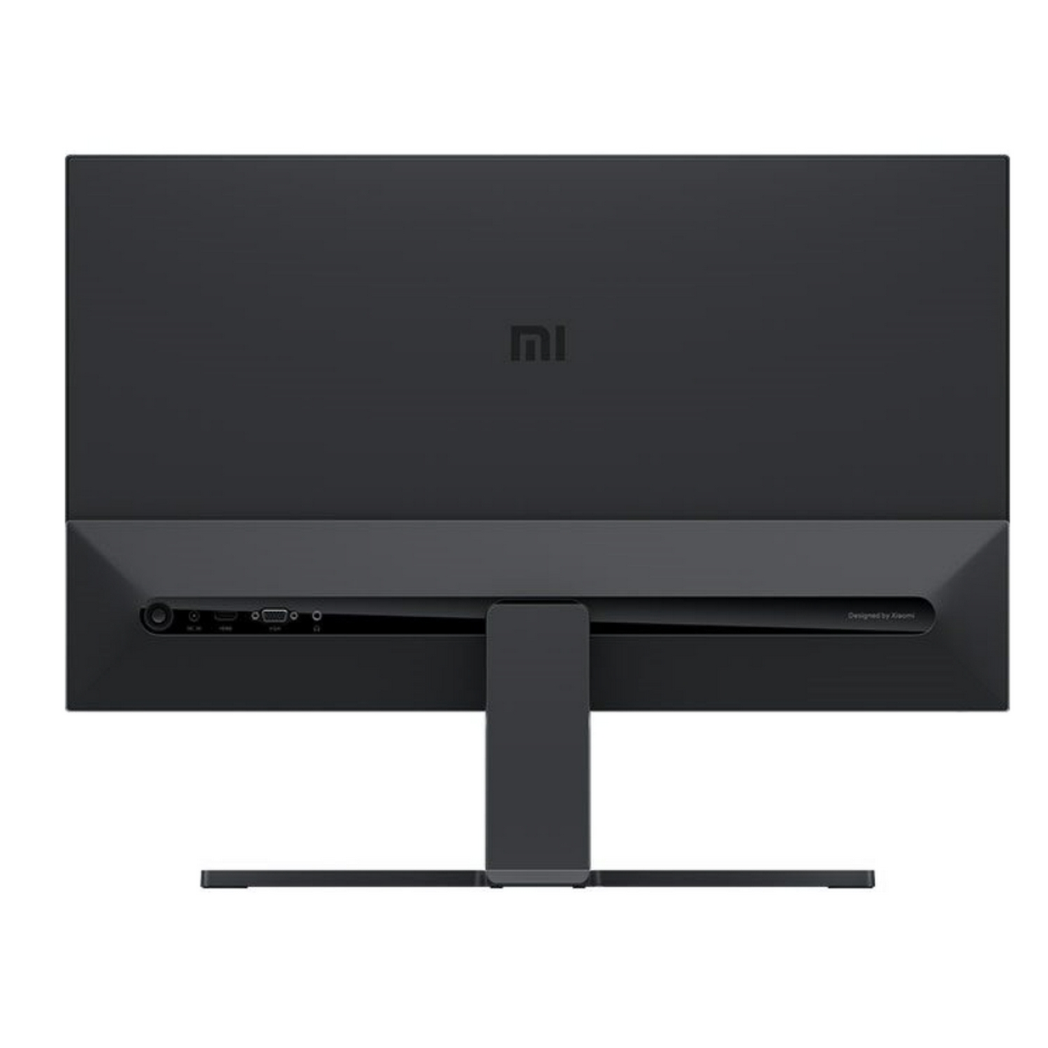 Parte trasera de un monitor de computadora negro con soporte, sobre fondo blanco.