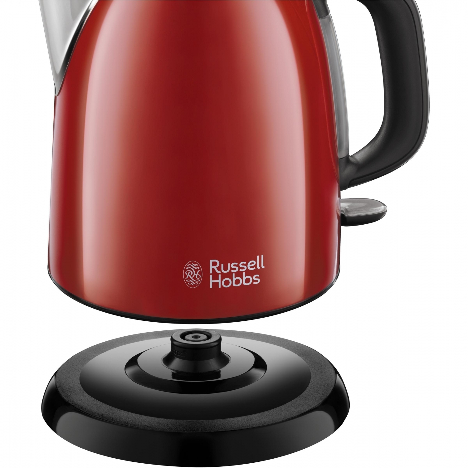 Hervidor eléctrico rojo con base negra. El logotipo de Russell Hobbs es visible.