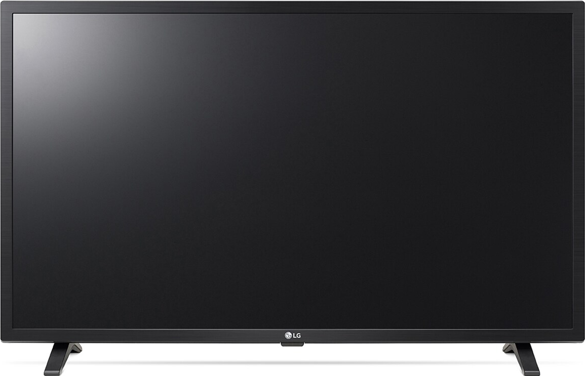 Ein schwarzer LG-Fernseher auf einem Ständer mit großem Bildschirm. Das LG-Logo ist unten sichtbar.