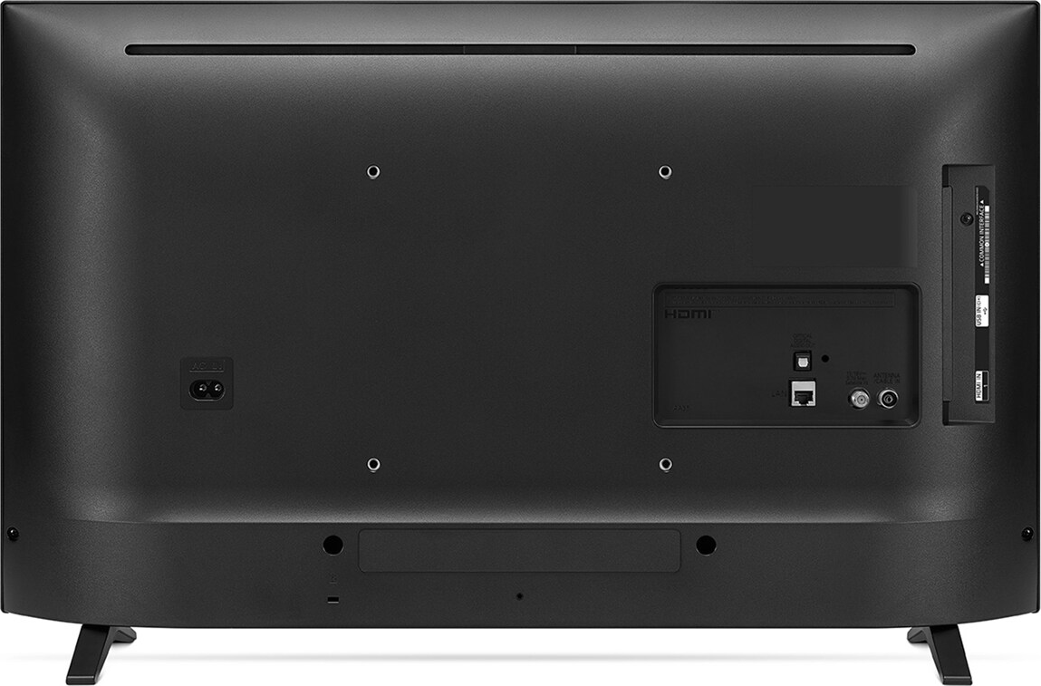 Schwarze TV-Rückseite mit Anschlüssen, HDMI und AC. Schlichtes Design.