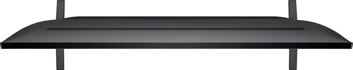 Ein schwarzer Fernseher von oben, mit zwei Beinen. Der Bildschirm ist dunkel.
