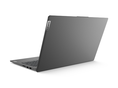 Una computadora portátil gris oscuro desde la vista trasera. El logotipo de Lenovo es visible en la parte superior.