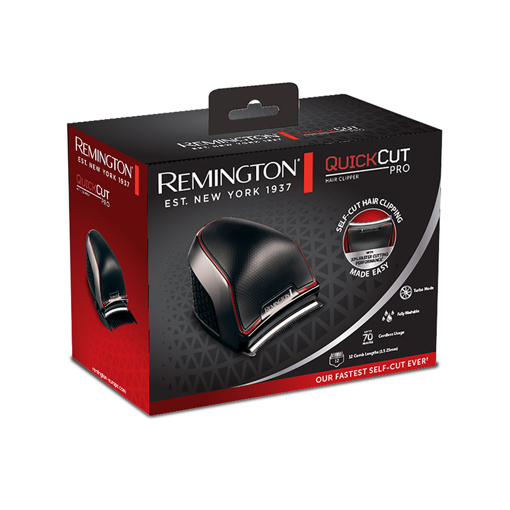 Remington QuickCut Pro hajvágógép doboza, fekete és piros, képekkel és szöveggel.