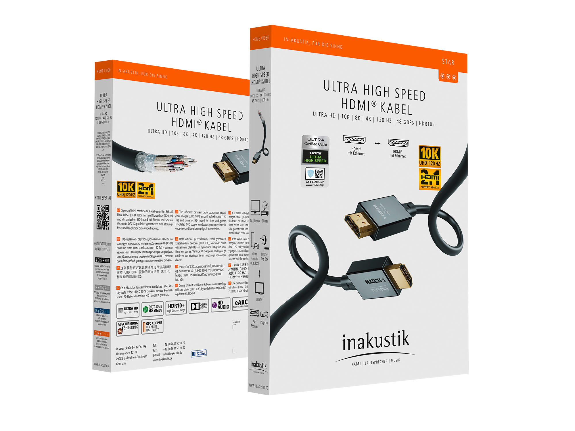 Zwei Kartons mit Ultra High Speed HDMI-Kabeln mit Produktdetails, schräg auf weißem Hintergrund.