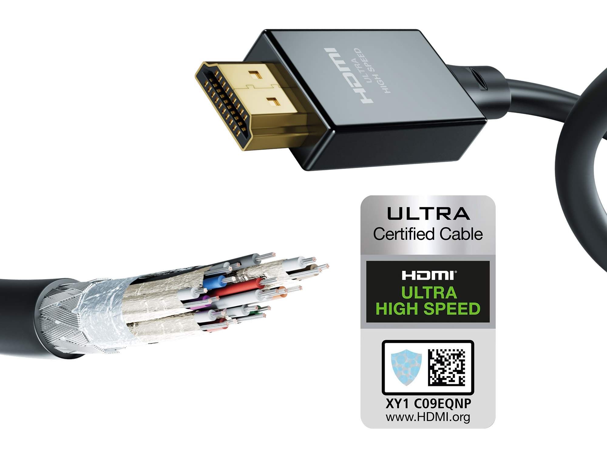 HDMI-Kabel mit Stecker und freiliegenden Drähten, Text: Ultra High Speed.