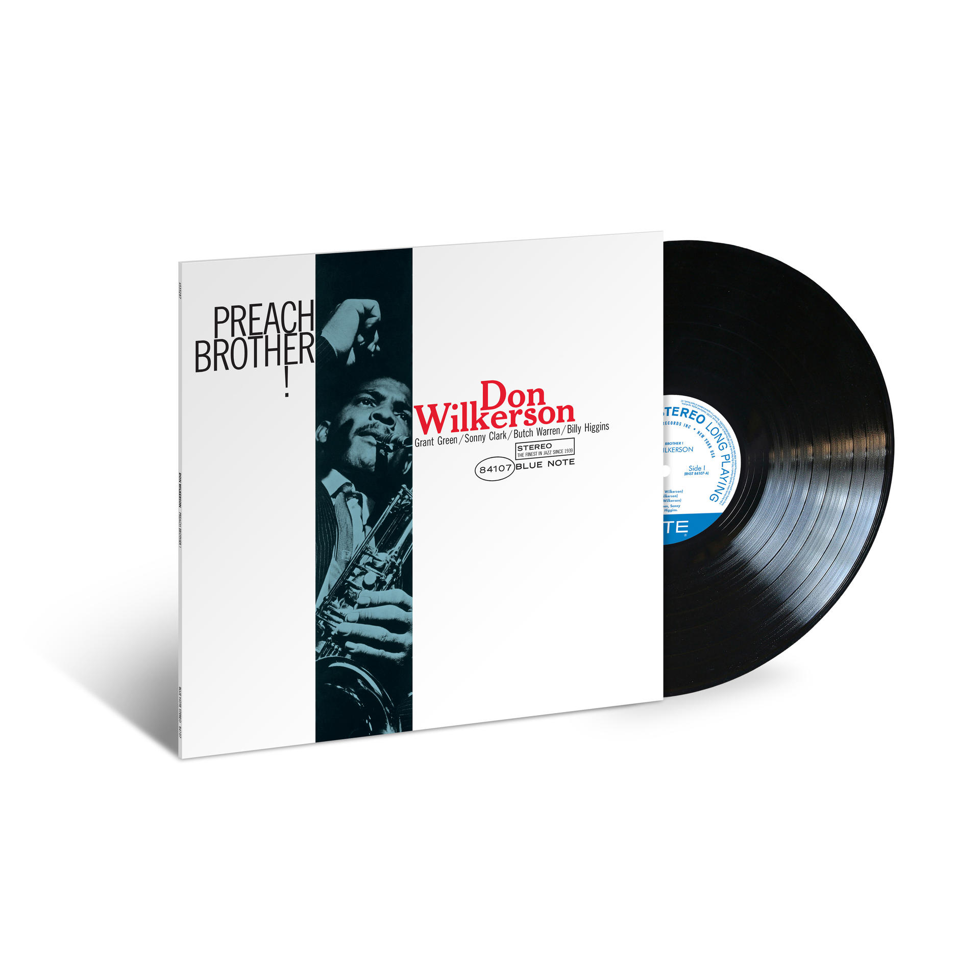 Vinyl-Schallplatten-Albumcover. Schwarze Vinyl-Schallplatte. Text: Preach Brother, Don Wilkerson, Blue Note.