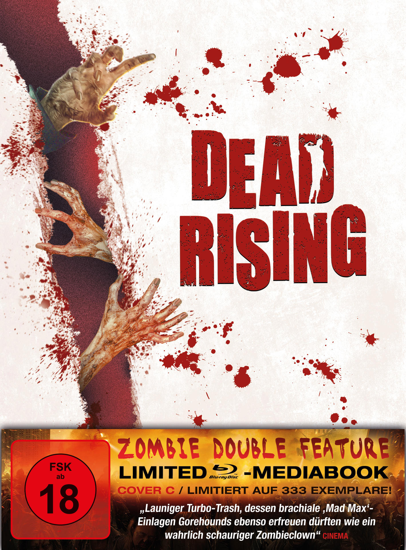 Dead Rising DVD-Cover: Hände, die herausreichen, Blutspritzer, Zombie-Thema.