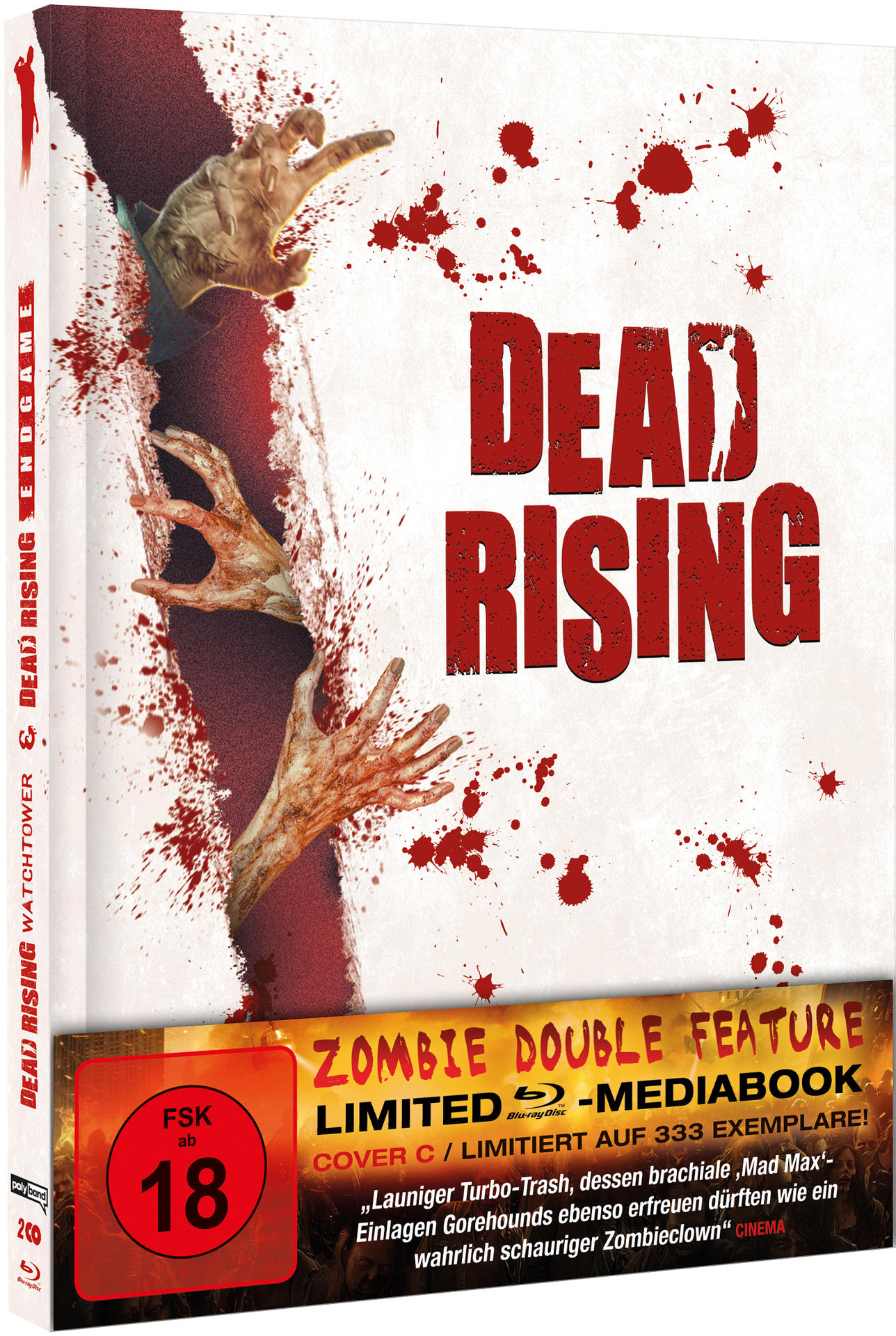 Dead Rising Filmcover. Zombiehände greifen heraus. Blutspritzer, Text.