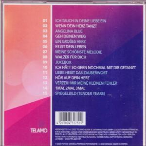 Die Rückseite einer CD-Hülle mit Songtiteln in einem lila-pinken Design.
